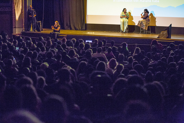 Tarana Burke talking on stage with Mariame Kaba about #MeToo