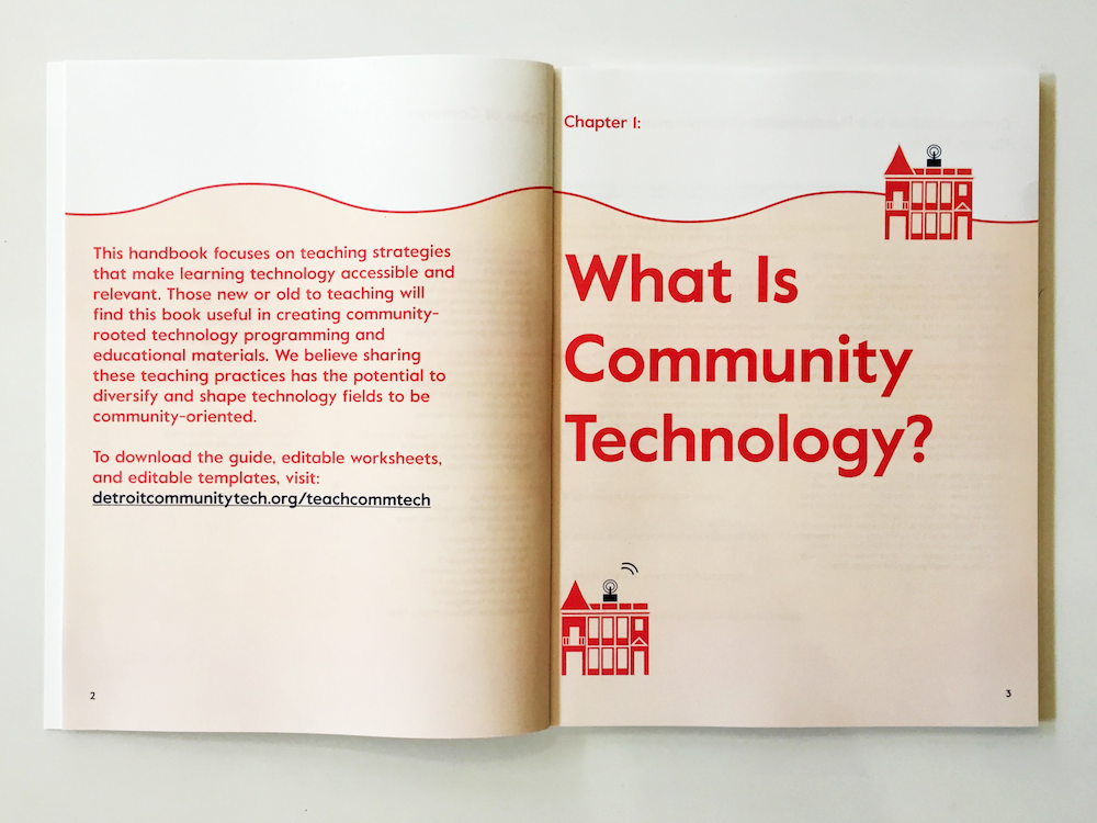 Interior spread of the Teaching Community Tech Handbook with the Introduction and Chapter 1 title: What is Community Technology