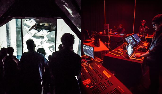 Two panel image of Visual exhibition component of Beware the Dandelions, of a screen with white and gray abstract forms on a screen in dark, enclosed space, picture taken behind the silhoutted viewers on the left side; perfomers at their computers, DJ, and mix tables in red lights on the right
