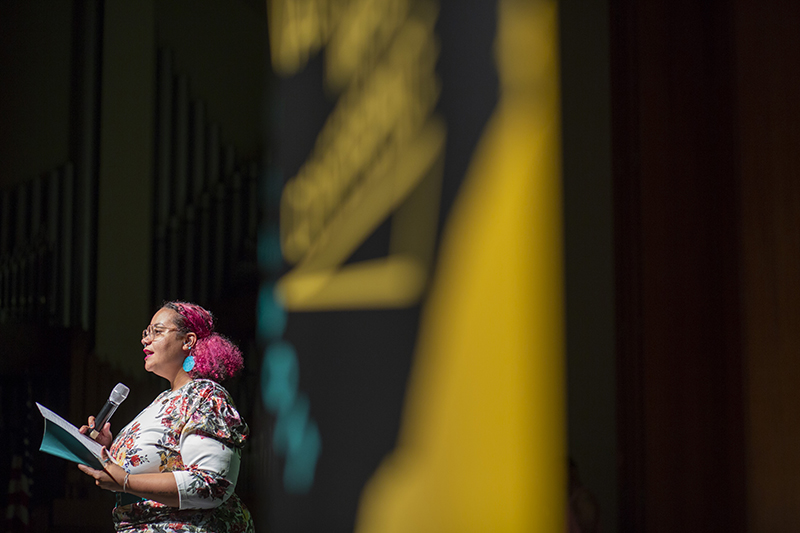 adrienne marie brown presenting on stage at the AMC