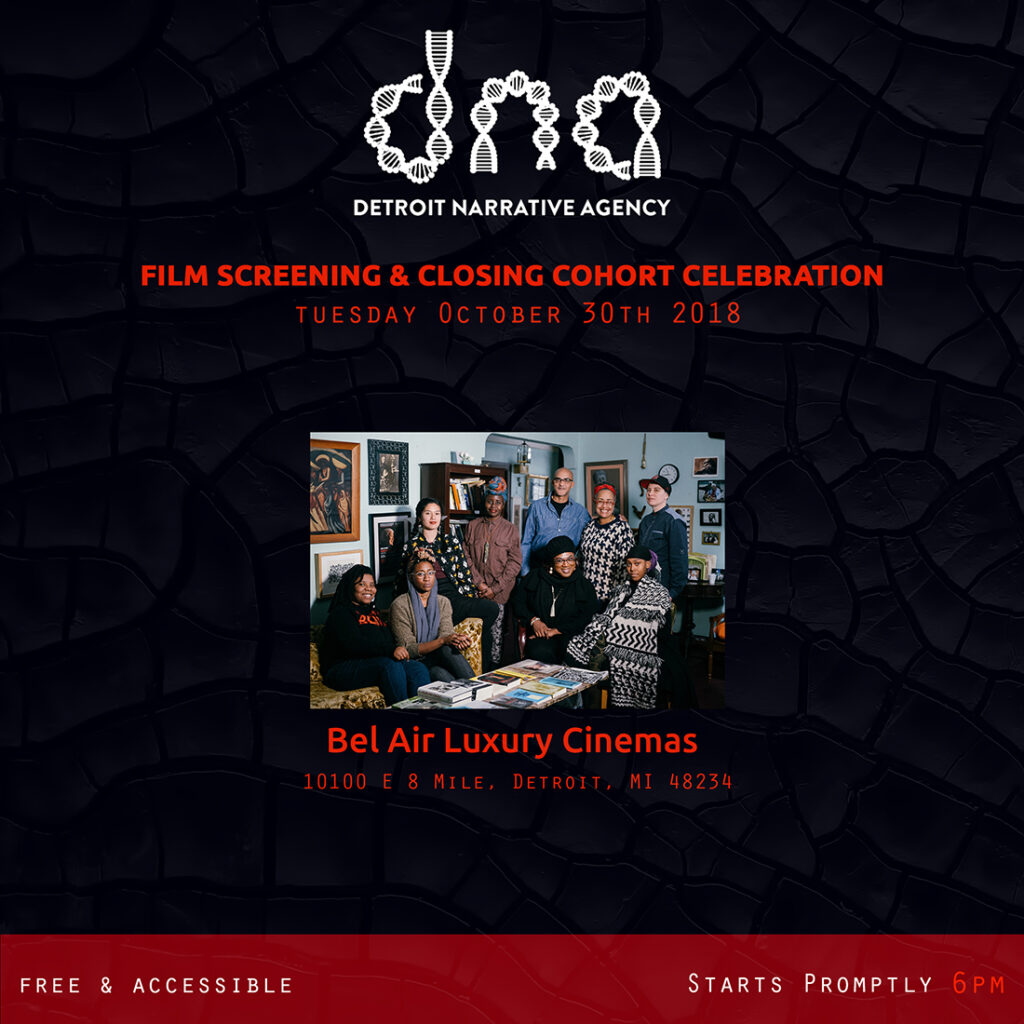 DNA Film Screening & Closing Cohort Celebration poster with people gathered at Bel Air Luxury Cinemas