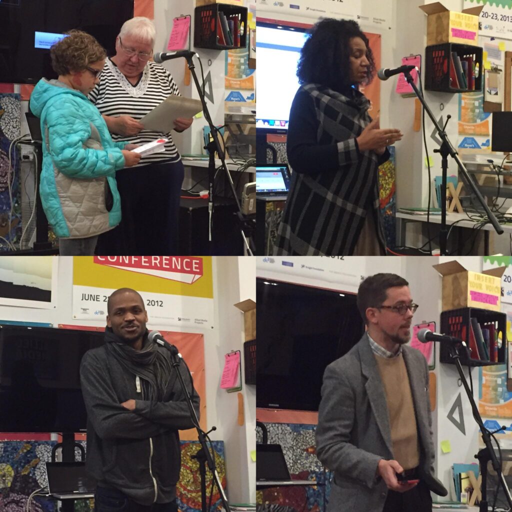 Four quadrants showing five different storytellers speaking at a mic about the Cass Corridor