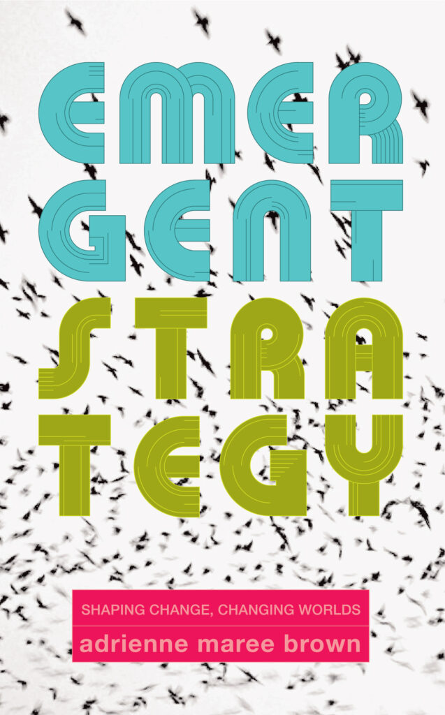 Book cover of Emergent Strategy with a flock of birds behind the title