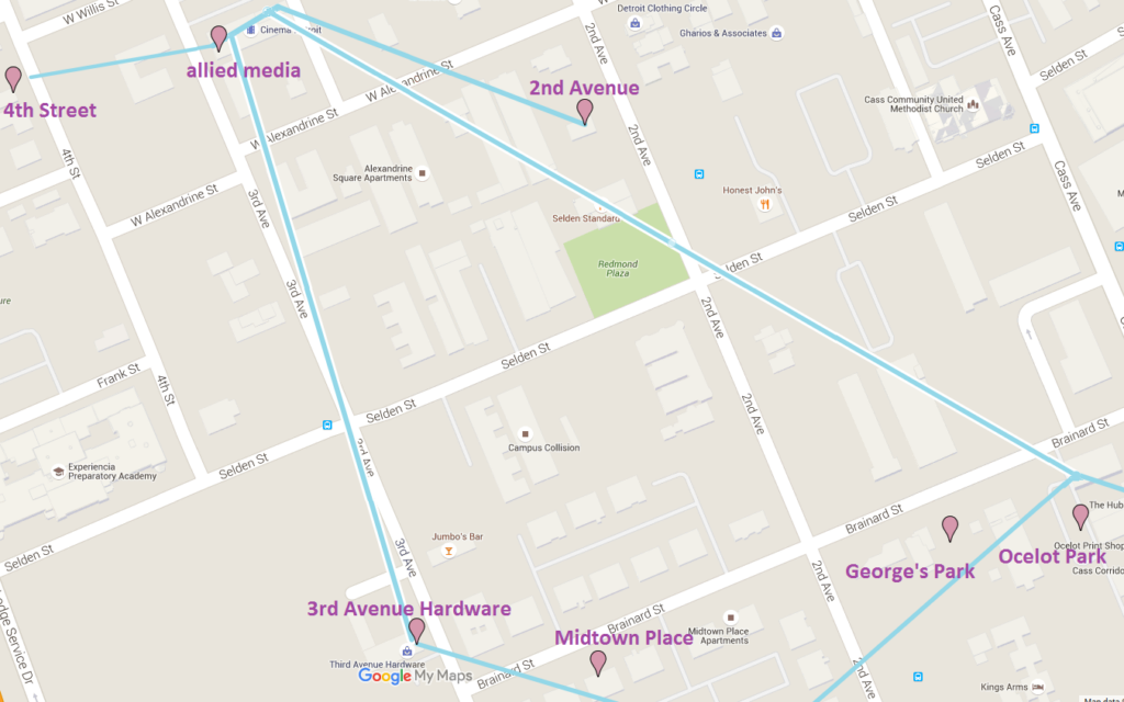 Screenshot of a map showing locations of the Music Boxes in the Cass Corridor area of Detroit