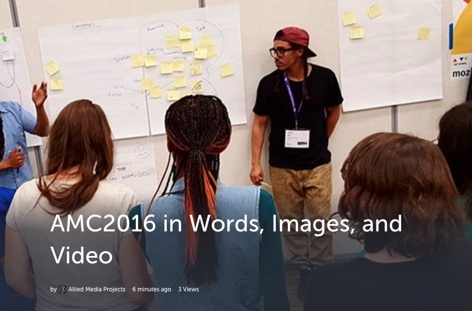 Five AMC attendees discussing an activity with sticky notes on large pieces of paper with the overlaid words "AMC2016 in Words, Images, and Video"