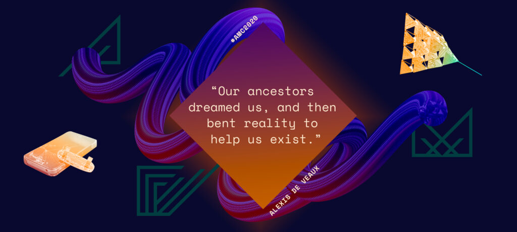Diamond gradient with the text "Our ancestors dreamed us, and then bent reality to help us exist." by Alexis De Veaux with AMC branding letters and graphics of a kite and an iphone