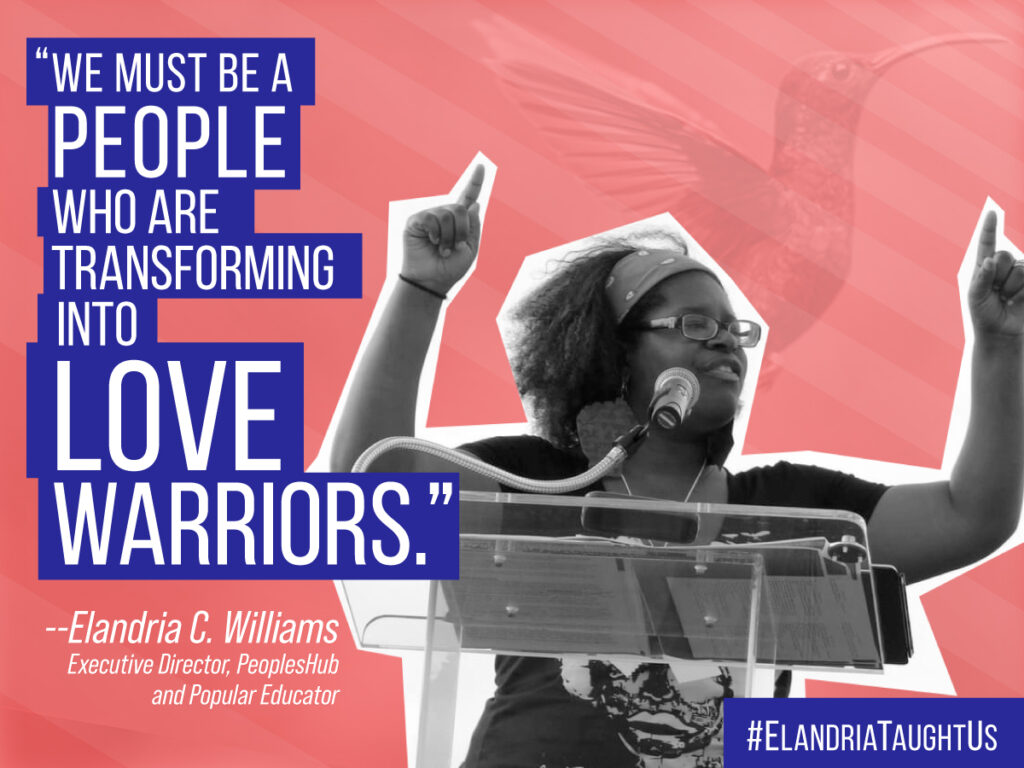 An image of Elandria Williams, executive director of the PeoplesHub and Popular Educator, at a podium cut out in front of a pink background, with a quote from Elandria "We must be a people who are transforming into love warriors."