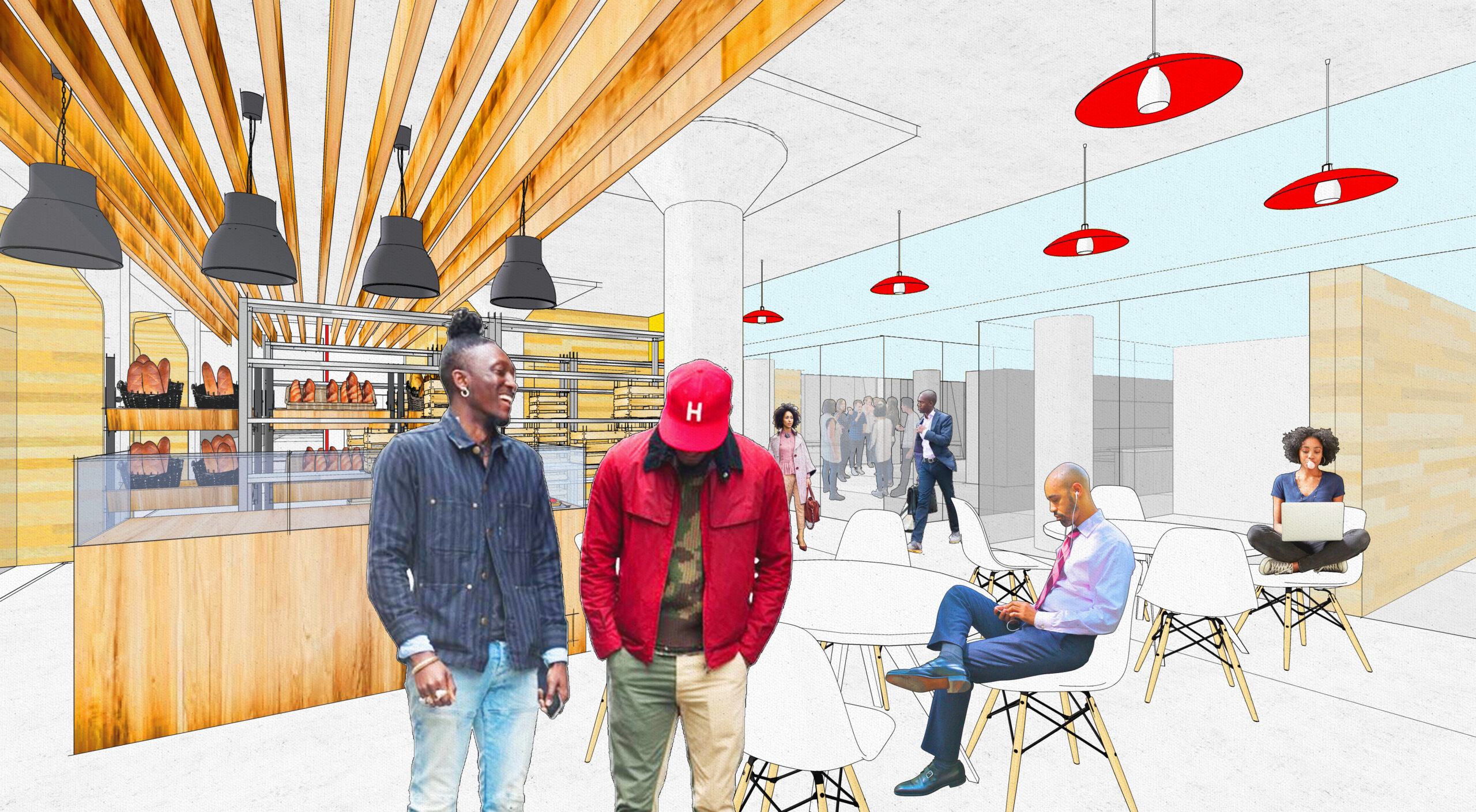 Rendering of a cafe space inside the LOVE Building