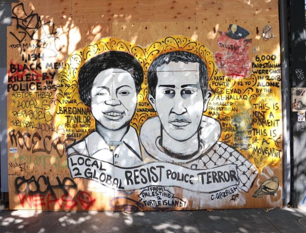 A wall with a mural on it featuring two people in black and white. The people are holding a banner that reads "LOCAL 2 GLOBAL, RESIST POLICE TERROR."