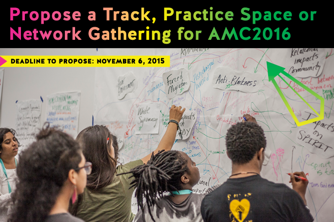 View from behind six people drawing connections between phrases on a very large map with the overlaid text "Propose a Track, Practice Space or Network Gathering for AMC2016"