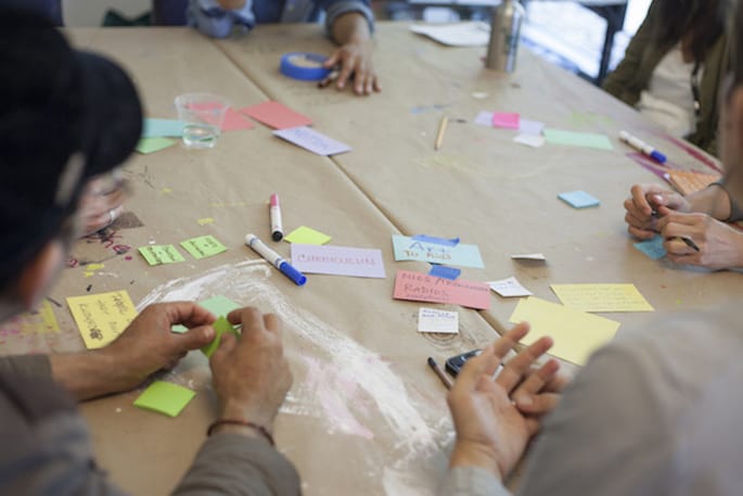Close up of a messy table with people writing on sticky notes with markers