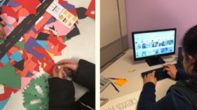 A collage of four photos. The photo in the upper left corner is a young girl cutting pieces of colorful cardstock. In the photo next to it are a group of three young girls conversing over a blank poster. The photo on the lower left corner shows shapes of different cut cardstock and students hands next to them. On the photo next to it is a girl typing at a computer.