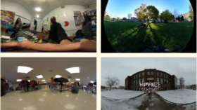 A collage of 6 photos: From the top left corner, there are three people in an office space standing. In the photo on the top righthand corner there is a green field pictured with tall trees in the middle. In the photo in the middle on the lefthand side there is a scene of a school lunch room with students sitting in chairs. In the photo on the right of it is a snowy scene of an abandoned school building with the words "Humanize Schooling" in the center. The photo on the bottom left corner shows 3 people in an office space working separately at a table. The photo on the right of it shows an orange mosaic stage set in a park with trees in the background.