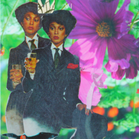 Collage artwork that shows two of the same black women on the left hand side with a bright purple flower and greenery on the right hand side.