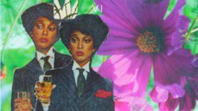 Collage artwork that shows two of the same black women on the left hand side with a bright purple flower and greenery on the right hand side.