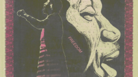 Artwork with man on the left side of the frame and speaking passionately with his left arm extended outward and in striped clothing. Behind him is a face that is enlarged and also speaking. Between the two is the word "freedom" in capital letters and placed diagonally.