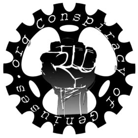 Conspiracy of Geniuses Logo with a fist busting through a gear part