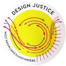 Design Justice logo with a circle and arrows passing through from various directions with an eddy in the middle