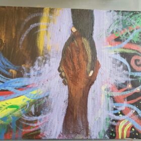 Painting of two hands grasping with swirls of color and energy eminating