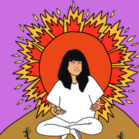 drawing of an asian person sitting on a hill surrounded by the light and energy