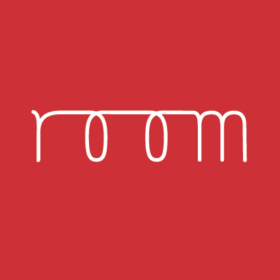 Red background Room logo in cursive
