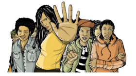 Illustration of women of color and trans people of color with the person in front holding their hand to the viewer in the "stop" position with the text "Law Enforcement Violence Against Women of Color & Trans People of Color - A Critical Interesction of Gender Violence & State Violence"