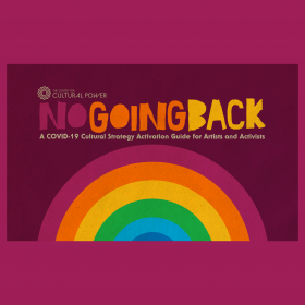 Blocky, hand drawn title "No Going Back" over a rainbow
