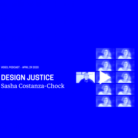 Title "Design Justice – Sasha Costanza-Chock" with a grid of the podcast guest image