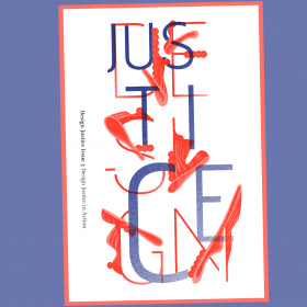 "Justice" with abstract shapes drapped over the letters