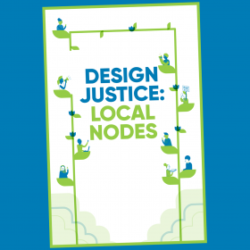 "Design Justice: Local Nodes" zine cover with illustrations of people sitting on leaves on a vine