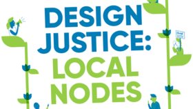 "Design Justice: Local Nodes" zine cover with illustrations of people sitting on leaves on a vine